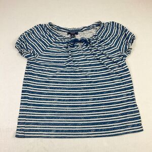 Chaps Womens Cotton Peasant Top Blue Ivory Stripe Short Sleeve Neck Tie Shirt XL